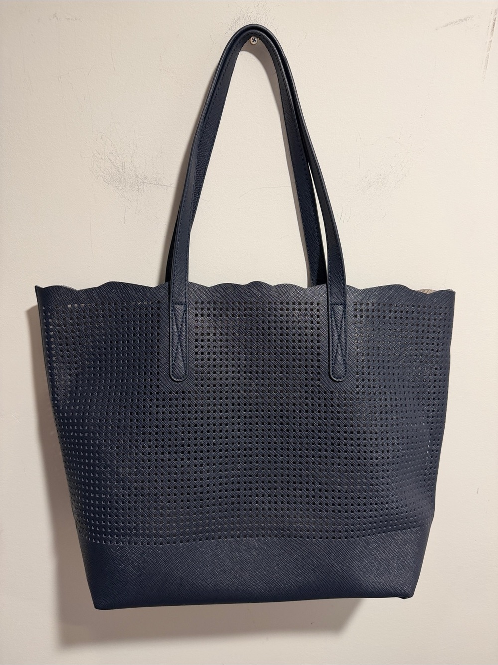 Neiman Marcus Navy Perforated Scalloped Top Tote Bag